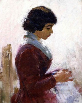 セオドア・ロビンソン Painting - 赤い縫製の少女 セオドア・ロビンソン